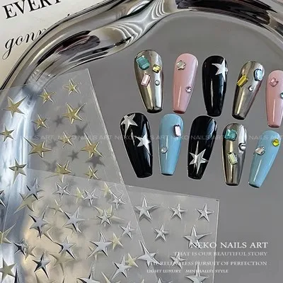 Y2K Stars Mirror Metallic Silver Bronzing Nail Stickers Laser Star Decal DIY Self-Adhesive Manicure Decoration Charm Accessories