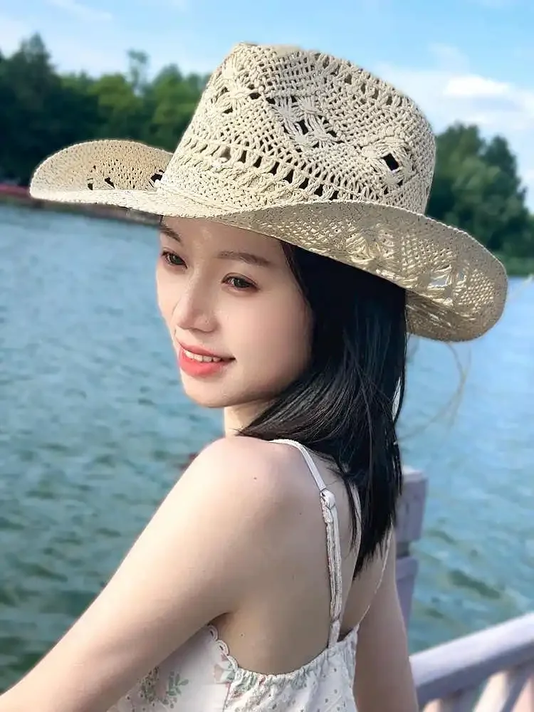 2025 للجنسين القش قبعات رعاة البقر الغربية قبعة كلاسيكية خمر الجوف خارج كرة لولبية واسعة حافة راعية البقر المنسوجة قبعة الشمس قبعة رعاة البقر الغربية