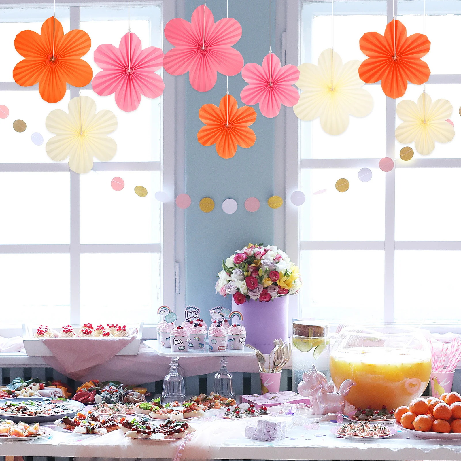 

9Pcs Paper Flowers Decorations Hanging Party Decorations Birthday Wedding Baby Shower Paper Fans Garden Party Decor
