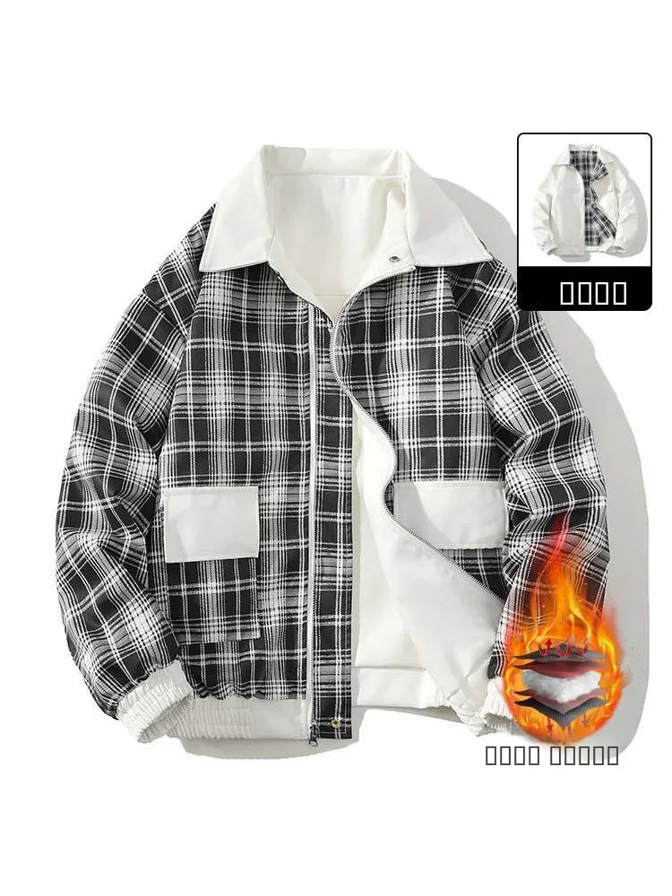

Двусторонняя куртка из искусственной кожи и хлопка для мужчин, зимняя теплая куртка-бомбер в клетку с комбинированными вставками, свободная утепленная куртка для пар
