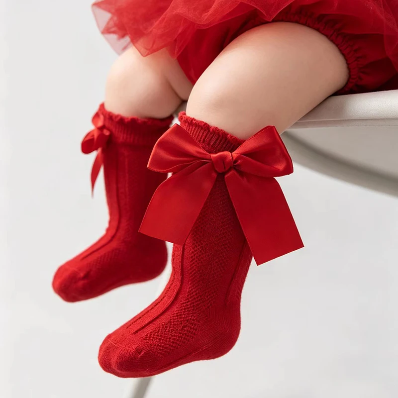 Spanish Style Children's Knee High Sock With Big Bows Breathable Infant Baby Floor Socks Cotton Toddlers Stockings 4Pairs