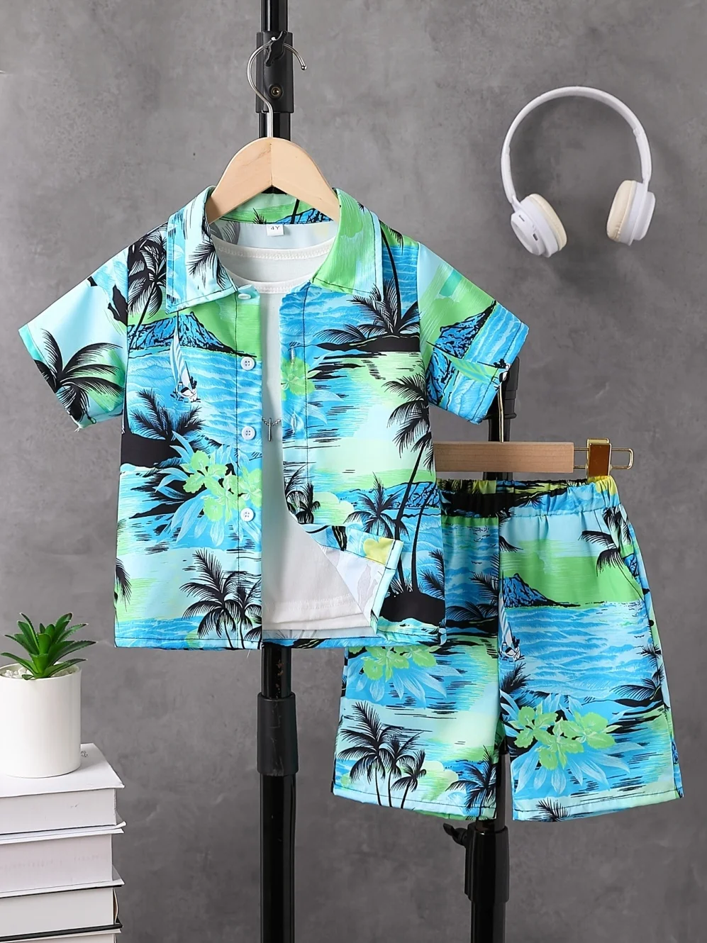 Jungen Sommer Kokosnussbaum-Muster Kurzarm-Hemd Set 2-teilig Hawaiianischer Strandurlaub-Stil Lässige Kinderkleidung für Jungen – Detail 7