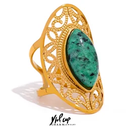 Yhpup Vintage Green Natural Stone Stainless Steel Open Ring Geometric Gold Color Stylish Hyperbolic Trendy Jewelry for Women