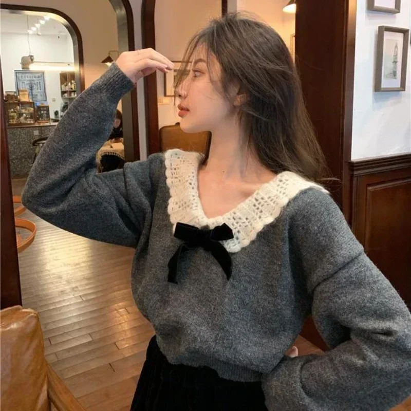 HOUZHOU Korean Style Sweaters Women Elegant Sweet Bow Knited Pullover Grey Kawaii Vintage Patchwork Solid Autumn Winter Sweaters