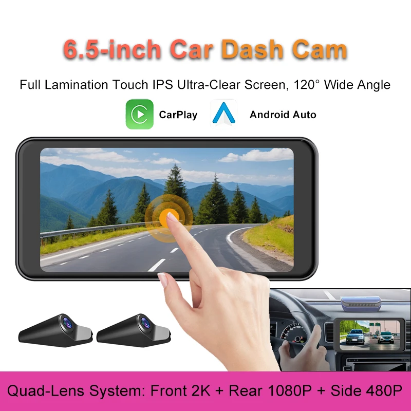 

6.5 Inch 2K 4 Channel Car DVR Loop Recording Dash Cam for CarPlay Android Auto HD Recorder 120 Wide Angle Night Vision Air Vent