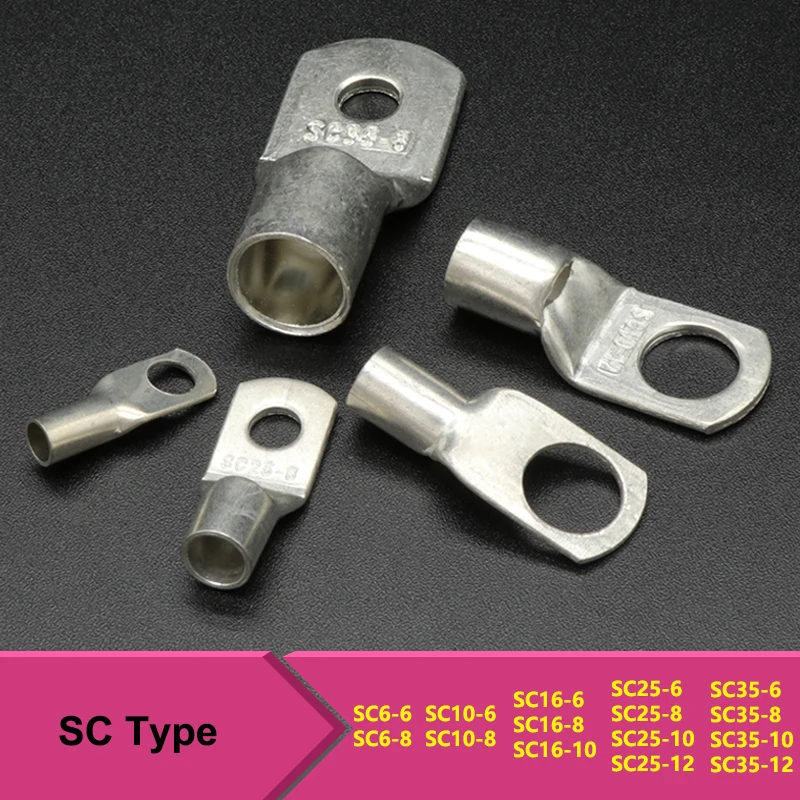 

SC Type Wire Nose Terminal Bare Copper SC6 SC10 SC16 SC25 SC35 Battery Block Lugs Hole ID 6 8 10 12mm Crimp DTGA Cable Connector