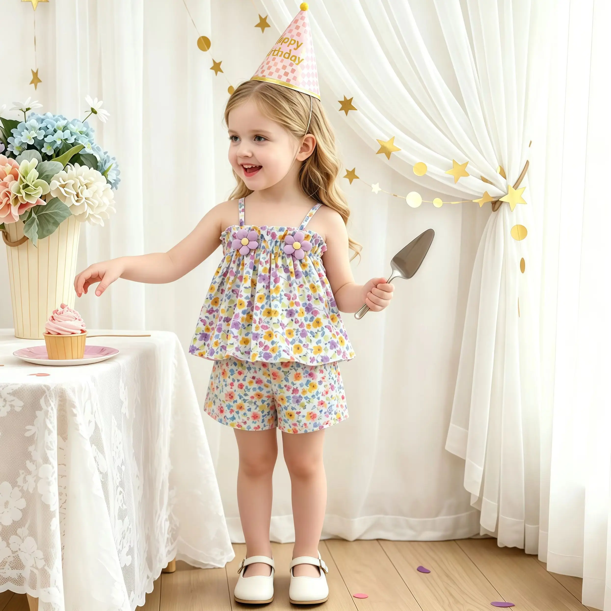 

Toddler Baby Girls Summer Clothes Infant Casual Outfits Ruffle Sleeveless Floral Vest Tops With Shorts Children's Clothing Set