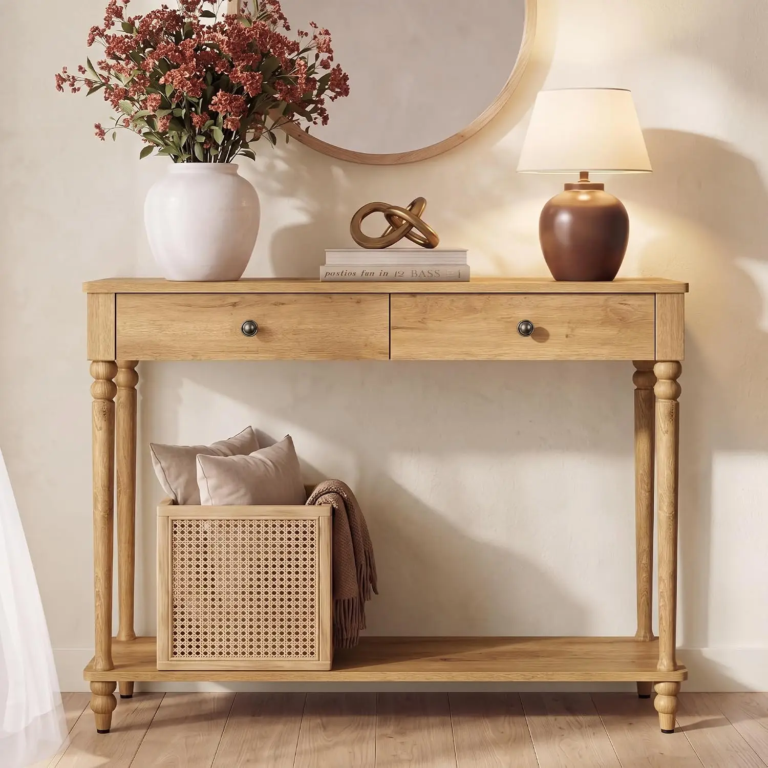 Mid Century Modern Console Table With Storage Drawers And Lower Open Shelf, Solid Wood Legs Narrow Long Sofa Table Accent Entryway Furniture For Living Room Hallway Foyer Doorway, Natural Brown