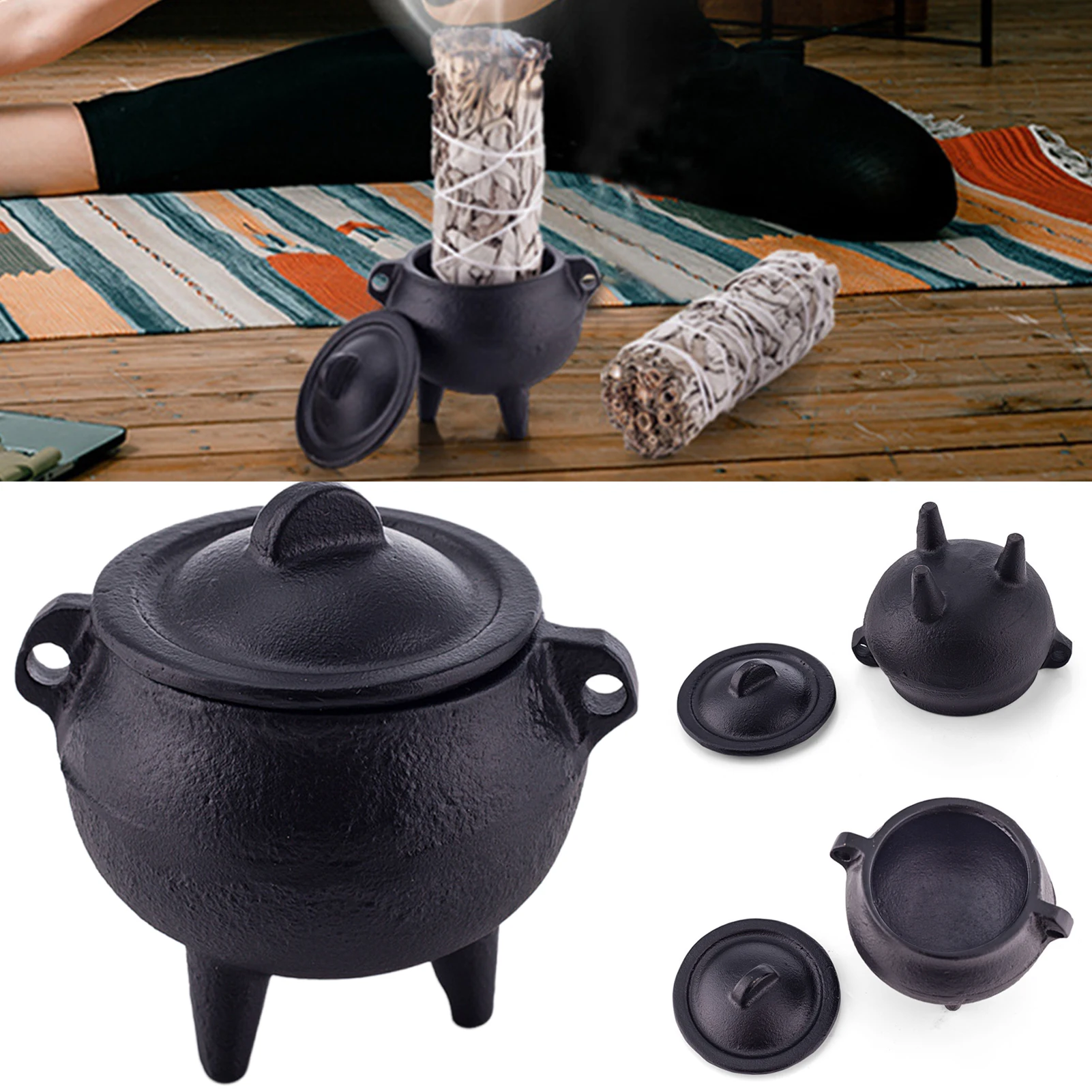 Cast Iron Cauldron Pot Incense-Burner With Lid 3 Footed Heat Resistant Pot Botanical Scented Diffuser Gothic & Halloween Decor