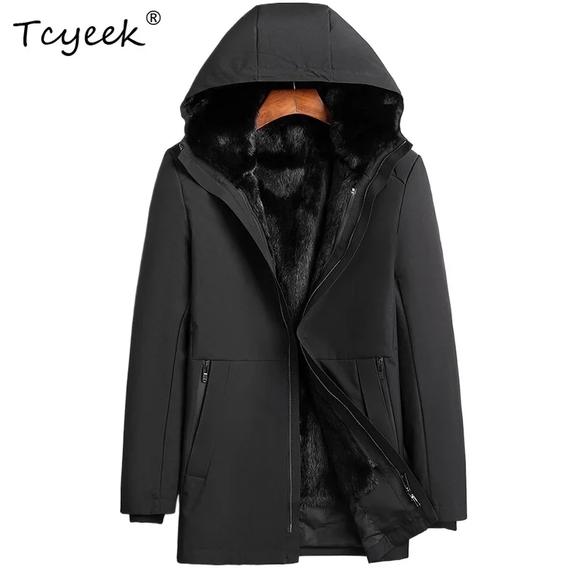 

Tcyeek Цельная норковая внутренняя подкладка из овчины Осень-зима Высококачественная модная черная мужская парка средней длины с капюшоном Куртка Puchowa Męska