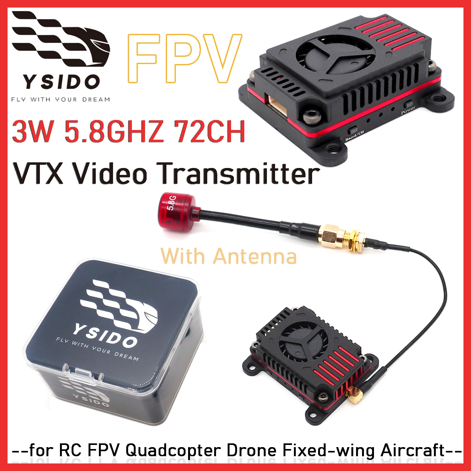 

YSIDO VTX Video Transmitter 3W 5.8GHZ 72CH 3000mW High Power Transmitter PAL/NTSC Video Support OSD for RC FPV Drone Fixed-Wing