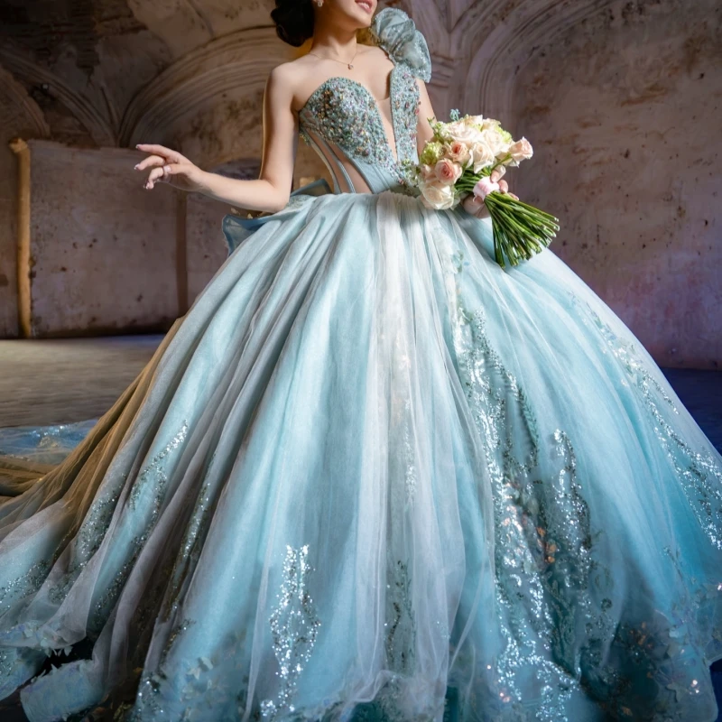 

Аква-синие блестящие платья Quinceanera с открытыми плечами и блестками, аппликация, кружево, бусины, бант, тюль, вечерние, день рождения, милое платье 16, Vestidos