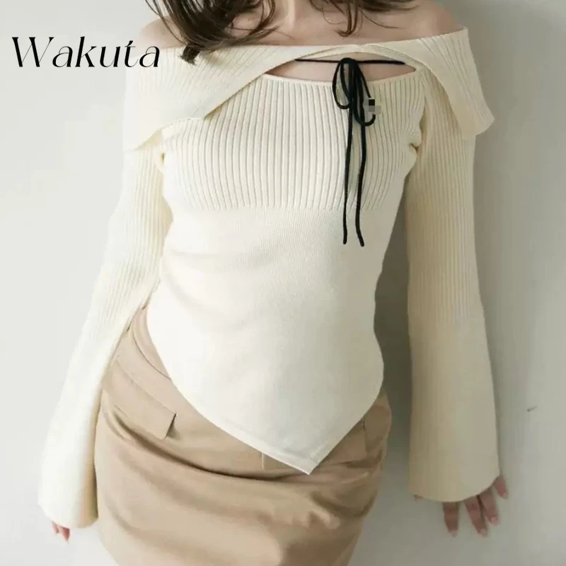 WAKUTA Japanese Spring/Summer Digging Collar Knitted Long Sleeve Sweater Y2K Pure Desire Wind Sexy Spicy Girl Strap Kawaii Tops