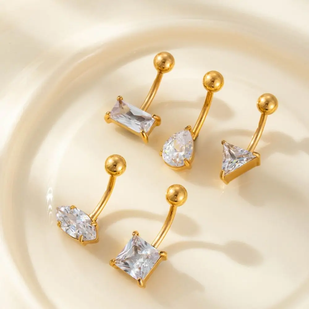 Elegant Shockproof Belly Button Ring Stainless Steel Geometric Navel Piercing Polished Clear Zircon Curved Barbell Party