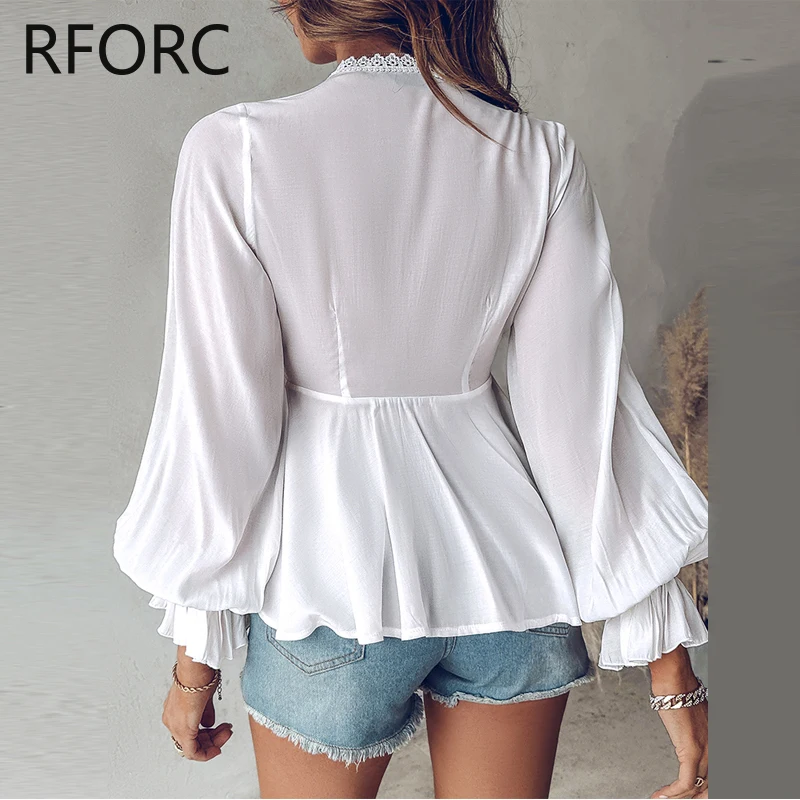 2024  Women Solid Long Sleeves Lace Patchwork Lace Up Sexy V Neck White Blouse Tops