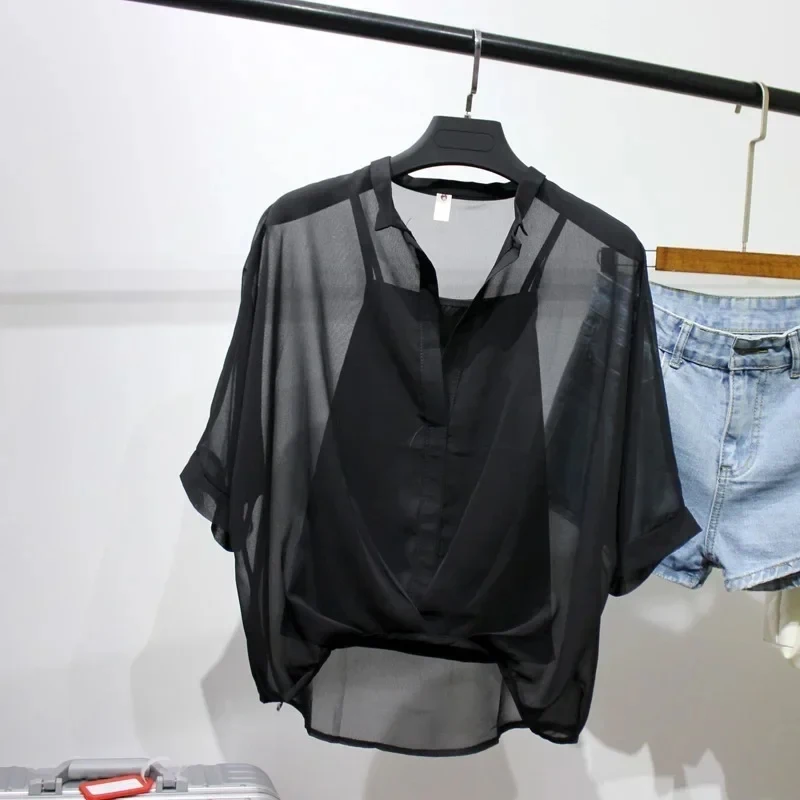 2025 Moda Set due pezzi Camicie in chiffon Mezza manica estiva Allentata scollo a V Grembiule casual Canotta solida sexy e slim fit 19483