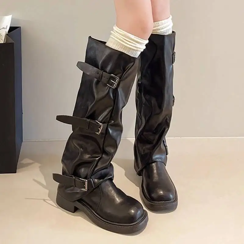 

Designer New Women High Boots Sexy Chunky Chelsea Leather Shoes Mid Calf Boots Winter Pleated Fashion Buckle Botas Mujer