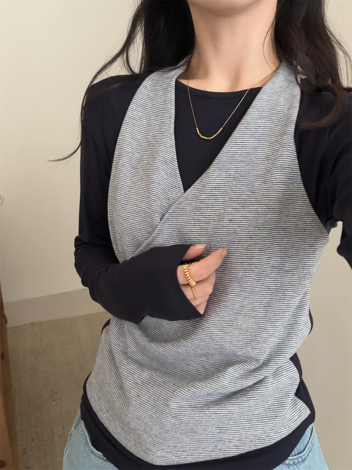 

Korean Style Long Sleeve Neck Hanging Slim Fit Women's T-shirt Spring New Design Breathable Cotton Casual Fashion Inner Wear
