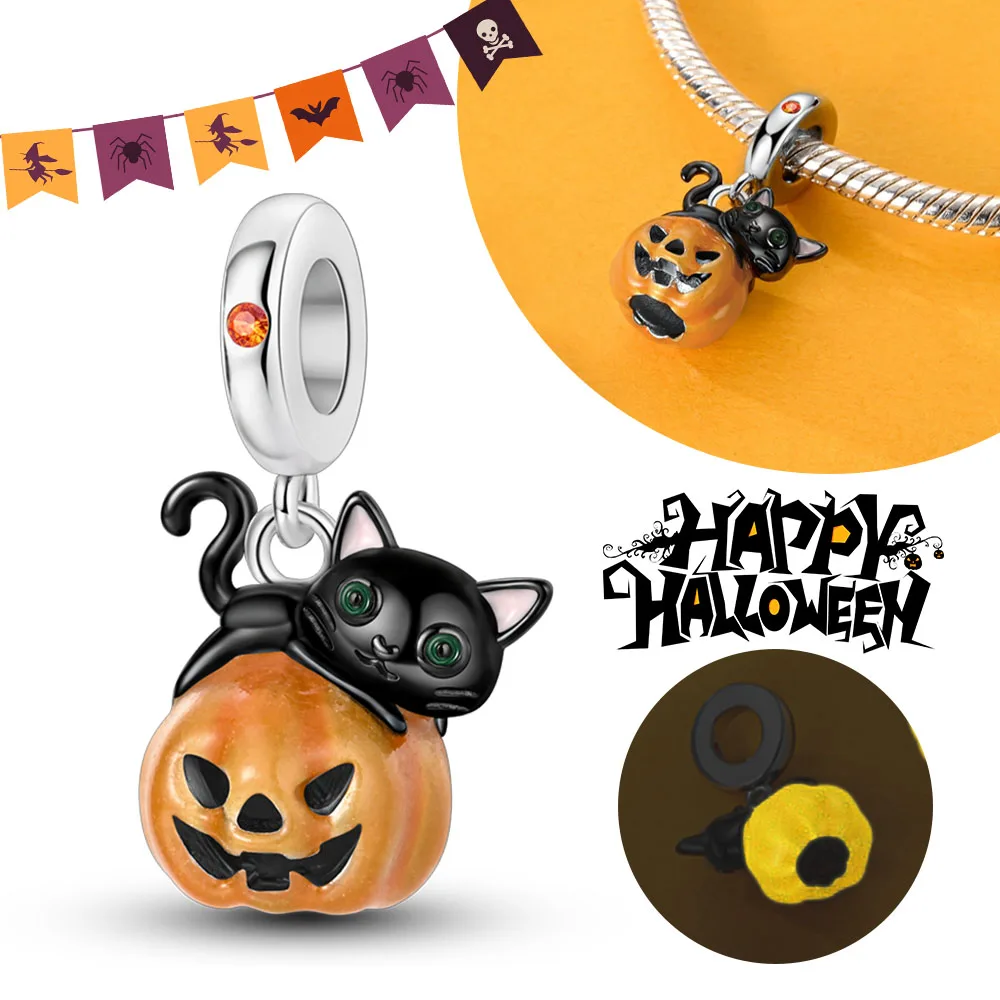 Halloween charms 925 Silver glow in dark Black Cat Pumpkin Charms Fit Original Bracelets DIY Birthday Charms for Jewelry Making