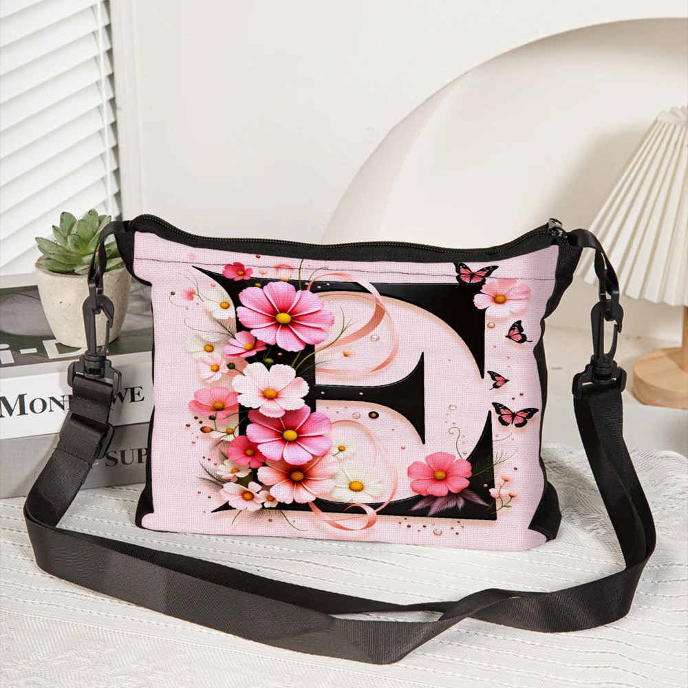 1pc Floral Monogram Crossbody Bag Pink Cherry Blossom And Butterfly Print Shoulder Bag For Women Casual Daily Use Travel Handbag