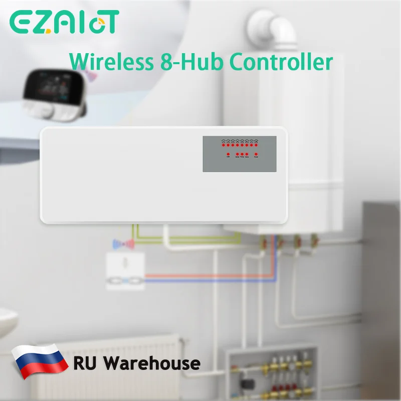 WiFi Wireless Thermostat 8 Sub-Chamber 220V Central Hub Controller with LCD Indicates for Gas Boiler Floor Heating and Actuators