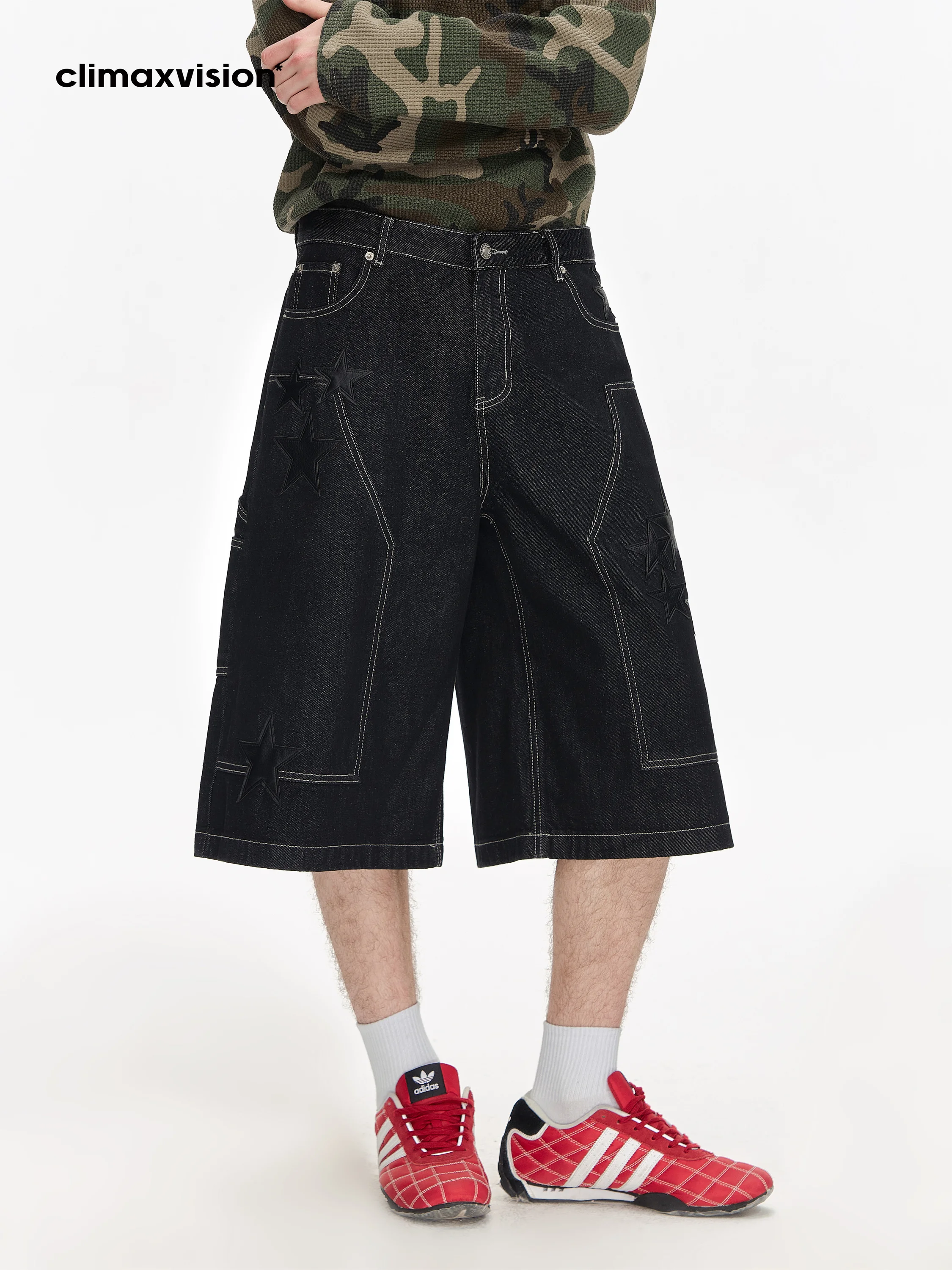 Pantalones cortos de trabajo casuales Climax Vision para hombre, de cuero con parches y estampado de estrellas vintage, de co...