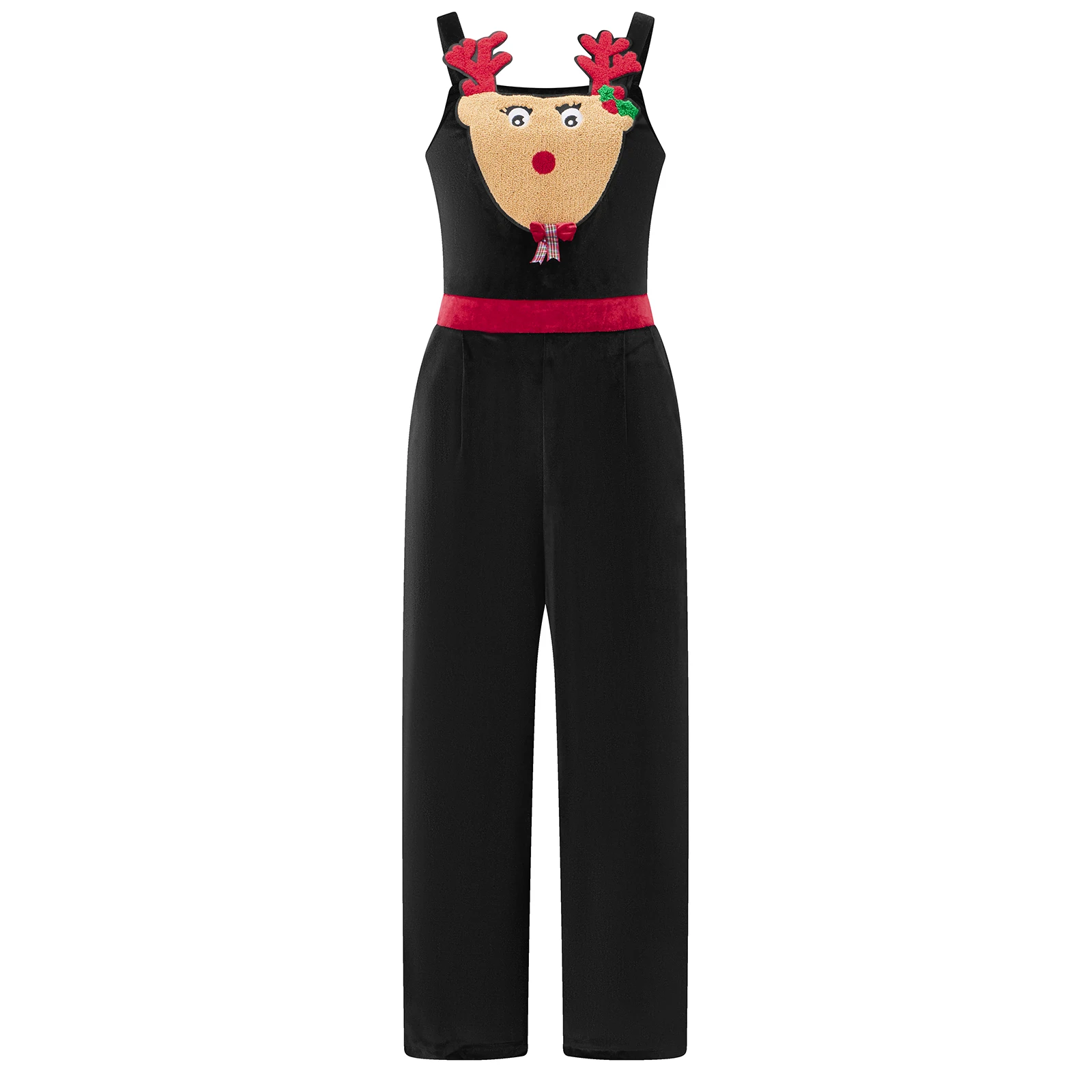 Women Christmas Velvet Jumpsuits Spaghetti Strap Sleeveless Wide Leg Santa Claus Romper Xmas Wide Leg Overalls Pant D16