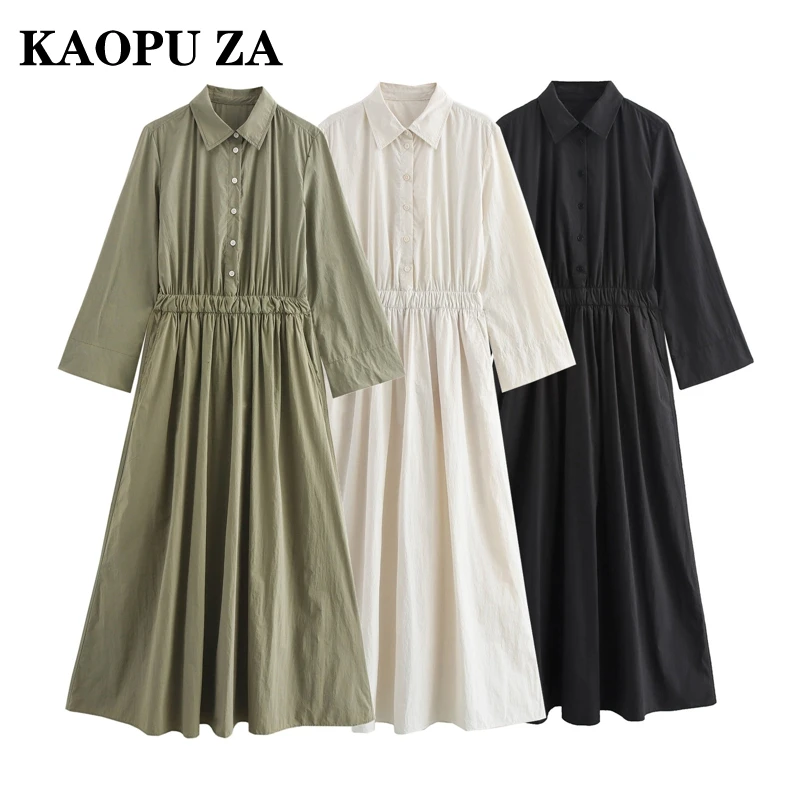 

KAOPU ZA 2024 New Summer Women's Casual Midi Shirt Style Dress Ladies Long Sleeved Tricolor Elastic Waist Vintage Fashion