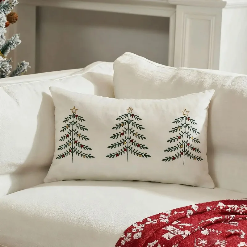 

30x50cm Pillowcase Embroidered Christmas Tree Decorative Cushion Cover Lumbar Accent Throw Pillow Cover Bed Xmas Holiday Decor