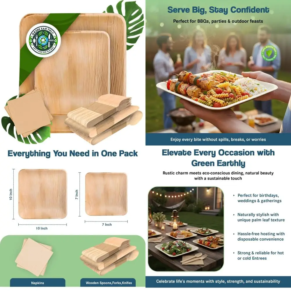 

Экологичный одноразовый праздничный набор: 10 тарелок, 7 тарелок, деревянные столовые приборы, салфетки для 50 гостей — устойчивая к праздническому искусству Essentia