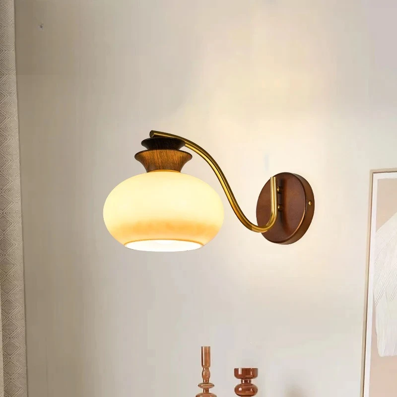 

2025 Glass Lampshade Wall Lamp For Bedroom Hallways Living Room French Medieval LED Bedside Lamp Wood Sucker Wall Sconce