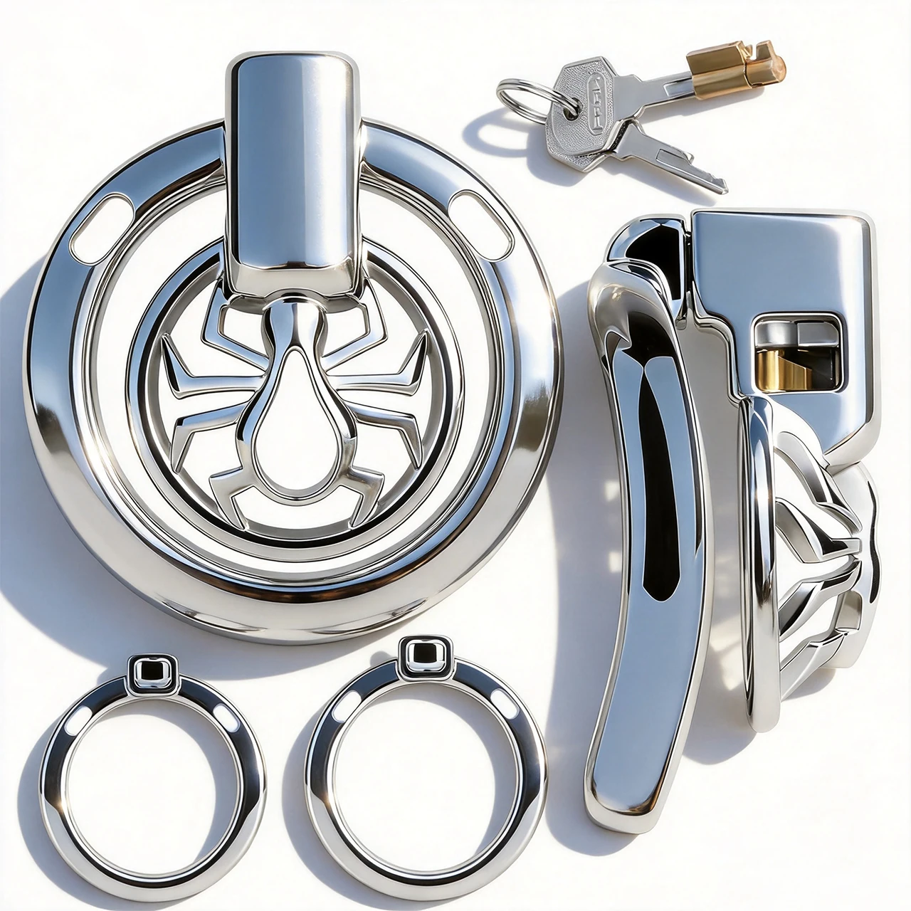 FRRK Mini Spider Web 304 Stainless Steel Chastity Cage Device With 2 Sizes Alluminum Alloy Penis Cock Ring Set for Adult Men 18+