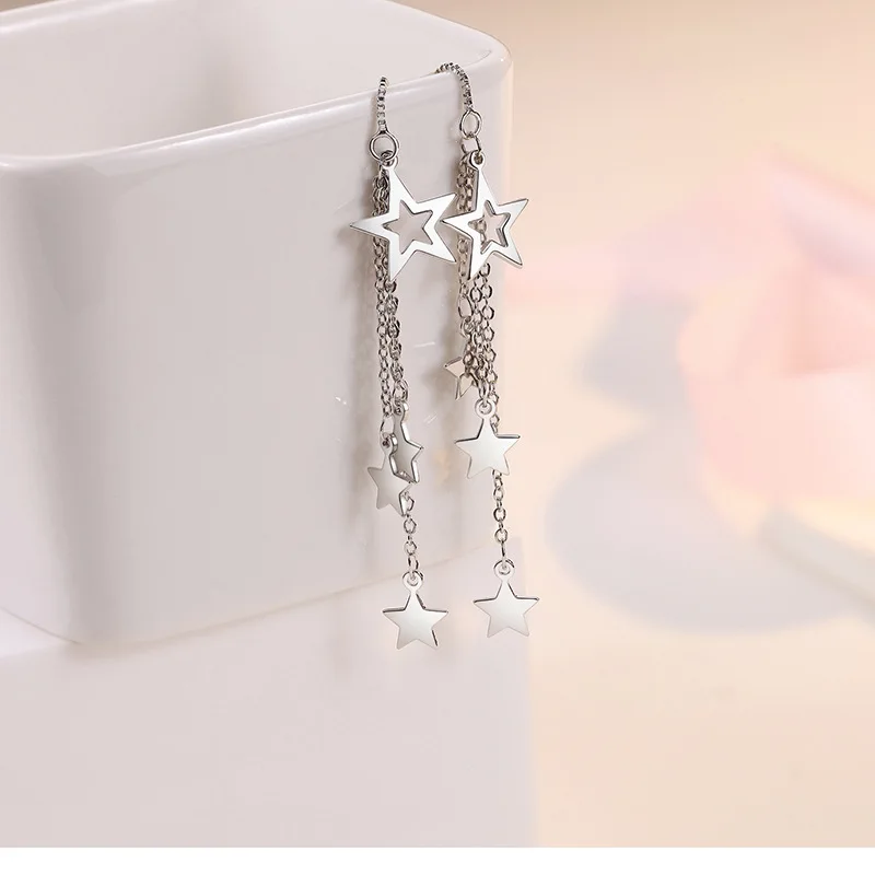 Fashion Female Earrings 925 SIlver Needle Five-pointed Star Earrings For Women Long Tassel Stackable Star Earline Jewelry