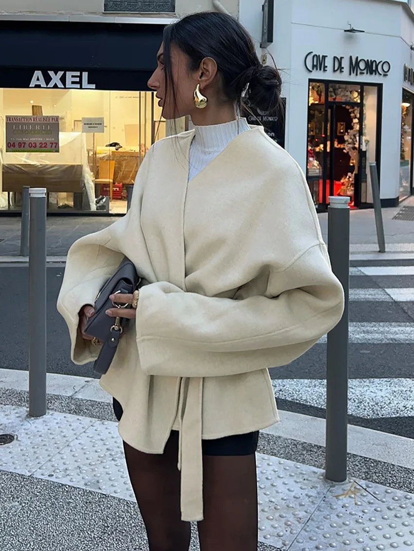 

Elegant Fleece Women's Coat Solid V-neck Long Sleeve Belted Lace-Up Cardigan Jacket 2025 Autumn Winter Outerwear Female Tops