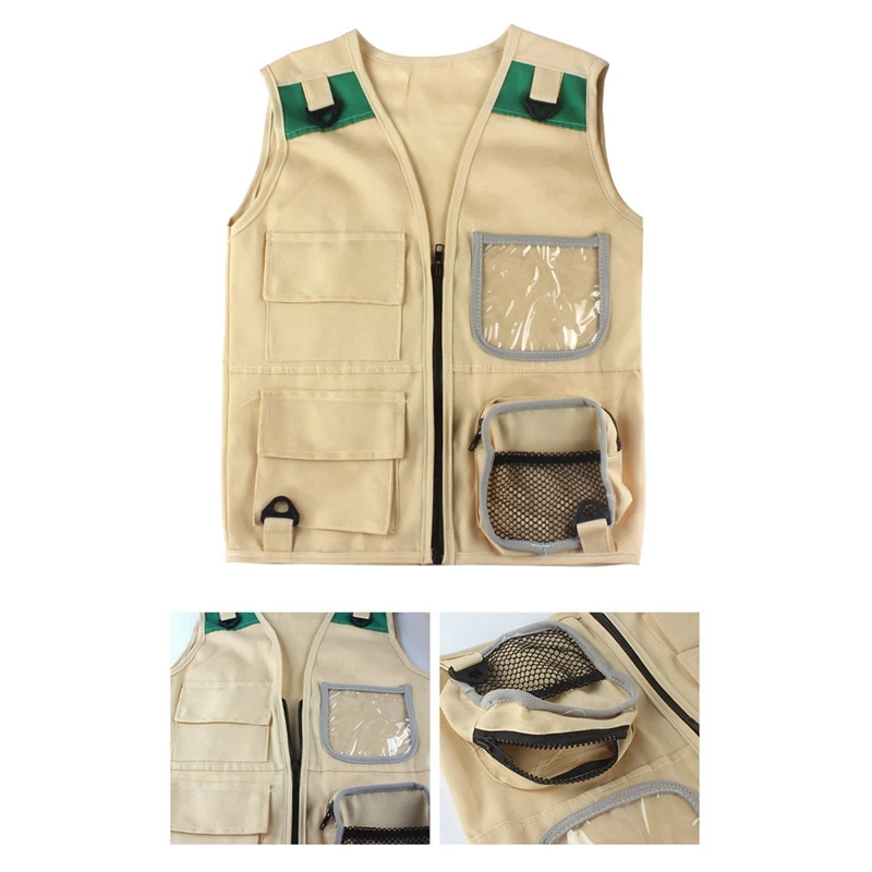 2X Outdoor Adventure Kit,Young Kid's Khaki Cargo Vest And Hat Comfortable And Durable Explorer Costume Role Play Toy