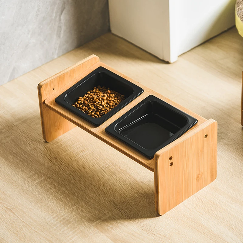 Cat Double Triple Bowls Pet Ceramic Food Water Feeders with Bamboo Stand Elevated Puppy Dogs Drinking Eating Feeding Bowl