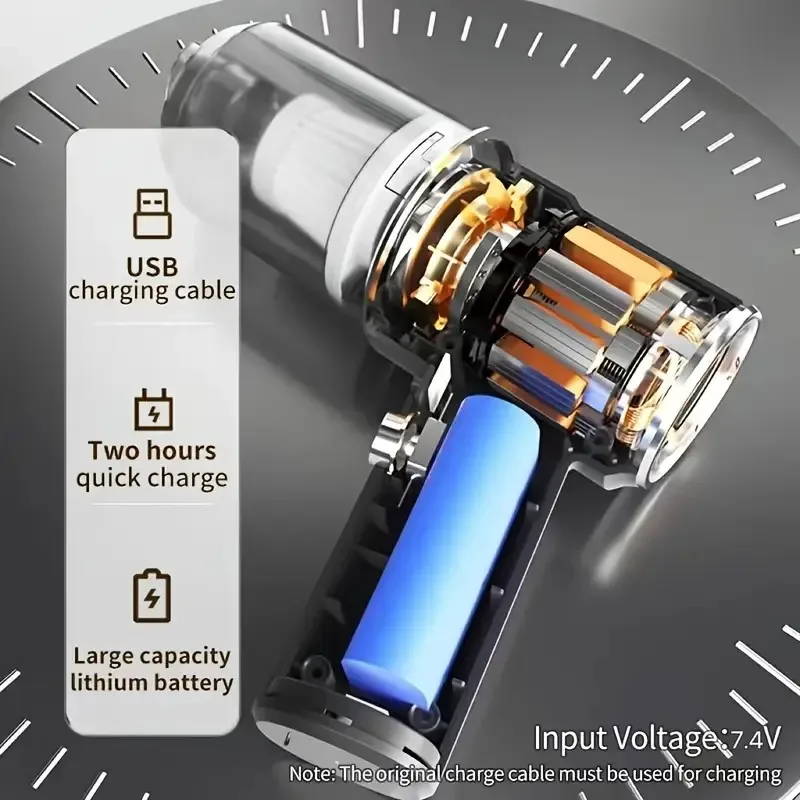 High-Power Cordless Car Vacuum Cleaner, 2000mAh USB Rechargeable, Wet/Dry Use, Dual Battery, 6KPa Strong Suction, Compact ABS Re