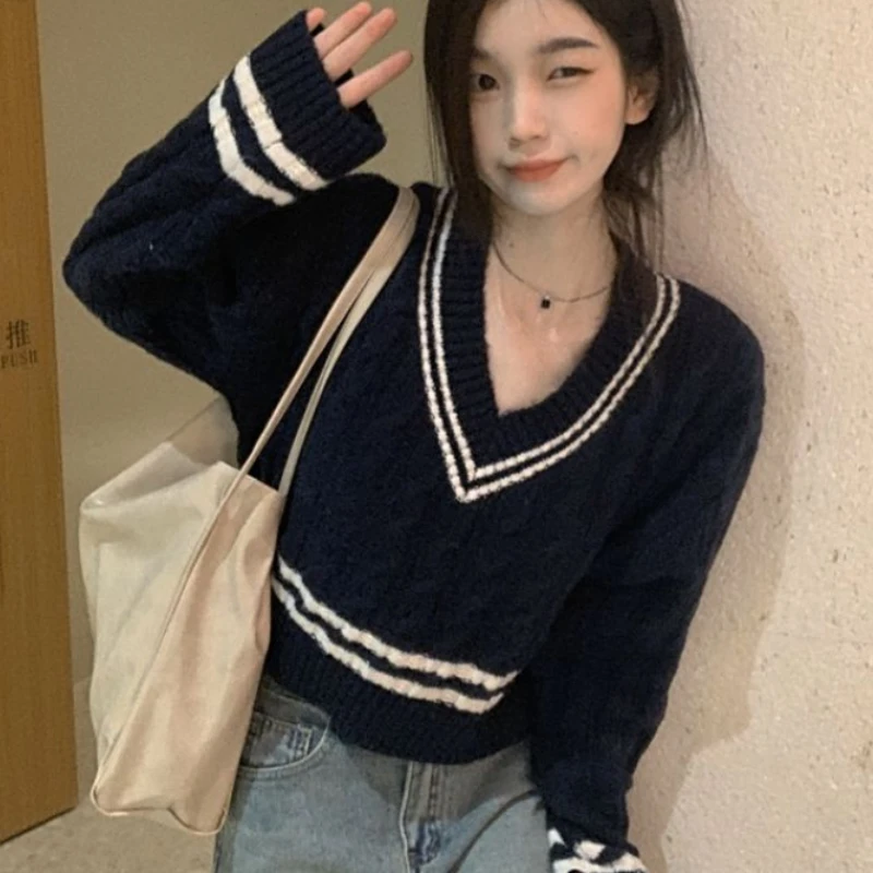 V-neck Cropped Pullovers Women Sweater Korean Fashion Knitwear Baggy Sweet Girlish Teens Pull Femme Personal Panelled Temper Ins