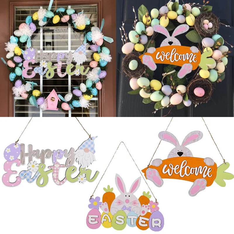 DIY Happy Easter Decor Bunny Door Hanging Wooden Plaque Sign Easter Egg Rabbit Pendant Wood Crafts For Home Easter Wreath Decor