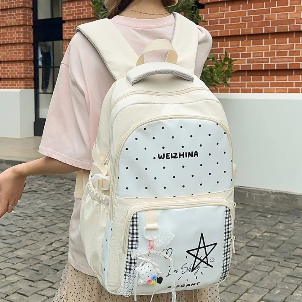 Lightweight nylon fabric student schoolbag, cute polka dot five-pointed star pendant, large-capacity travel bag for women