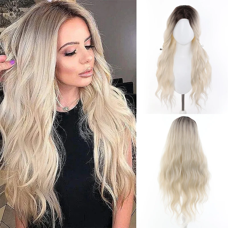 

Wig for women with long curly hair high temperature silk hair golden gradient no bangs wavy wig