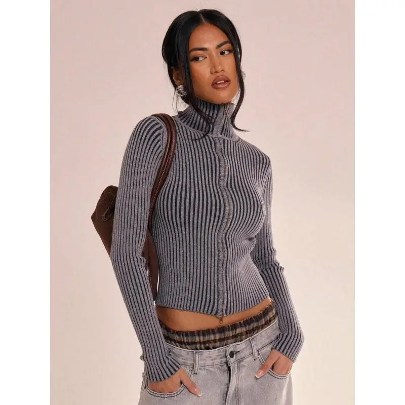 Dual Zip Knit Cardigan Ultra Thin Fly Sleeve Women's Winter Fashion Quick Sale Cross-Border Double Head Zipper Open-Shirt