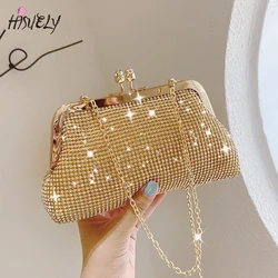 Diamante de ouro sacos de noite para mulheres, bolsa de luxo, corrente elegante, ombro crossbody bag, embreagem festa casamento, moda, 2024