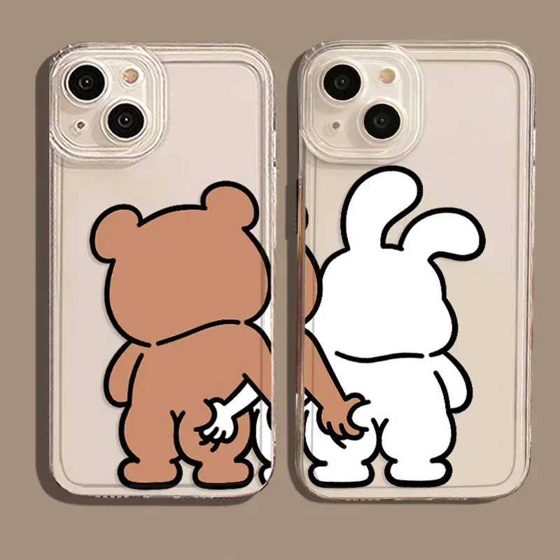 Cartoon Bear Bunny Clear Lovers Couple Phone Case For iPhone 16 15 13 12 11 14 Pro Max Plus 13Mini  SE Paired Cover Shell Fundas