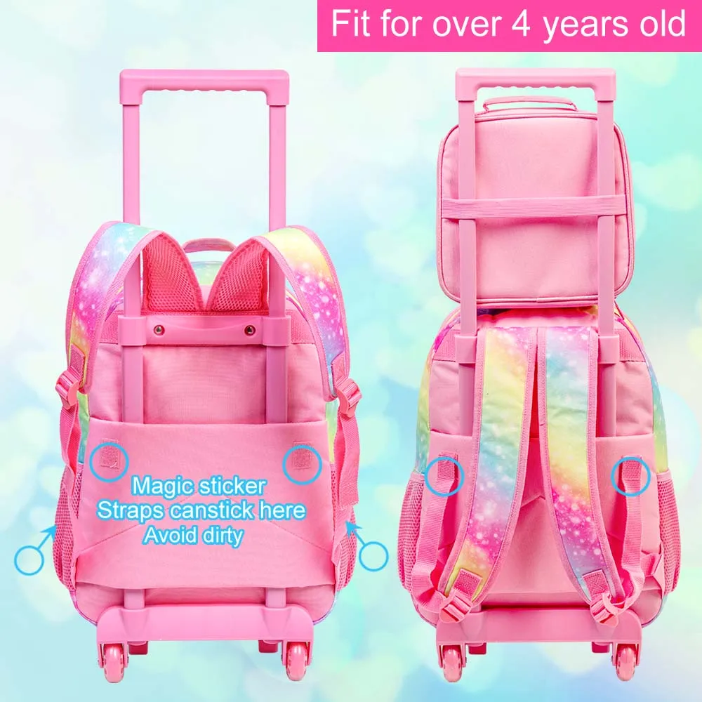 3PCS Rolling Backpack for Girls Kids Roller Wheels Bookbag with Lunch Bag Rainbow Unicorn Pattern Design Glow-in-the-dark Functi