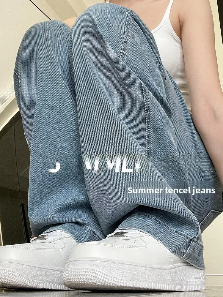 

Ретро-синие джинсовые брюки из шелка с высокой талией и широкими штанинами, женские свободные брюки, осенние тонкие, легкие, в стиле кэжуал, новинка