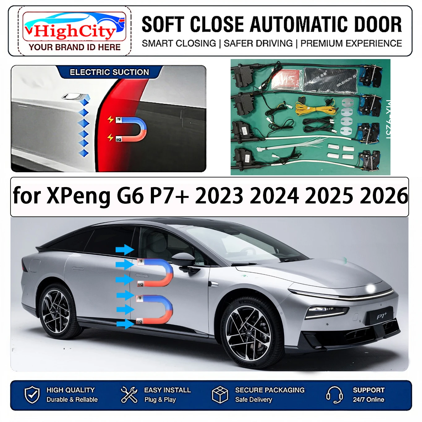 Highcity for XPeng G6 P7 2023-2026 Electric Suction Soft Close Door Kit Smart Anti Pinch Auto Cinch Latch System No Slam Silent