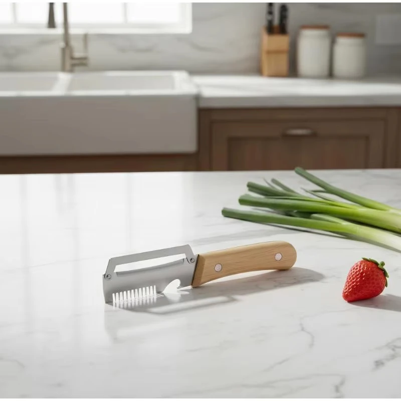 Descascador multifuncional de aço inoxidável com cabo de madeira maciça, utensílio de cozinha para descascar frutas e legumes._voghion.com