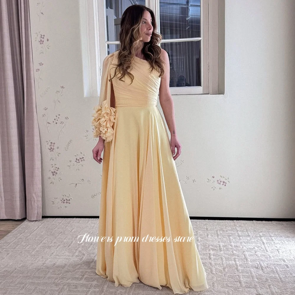 

Flowers A Line Party Dress with Ruffles Prom Dress Chiffon Evening Dress One Shoulder Pleats Party Dress Customized