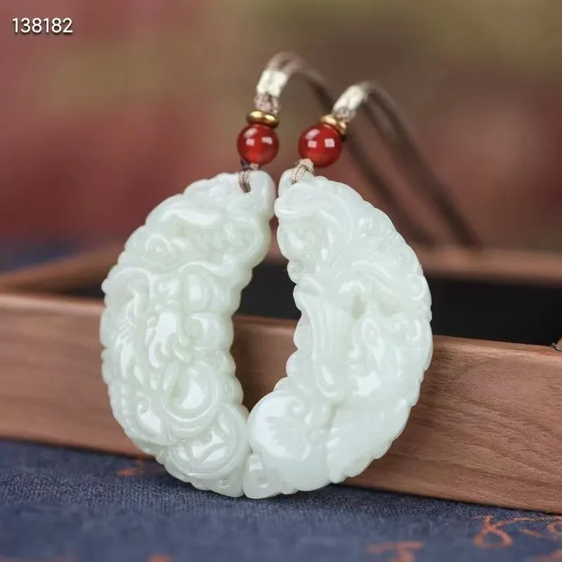 

Natural 100% real white hetian jade carve Dragon and Phoenix Bless peace jade pendant lovers love jewellery for men women gifts